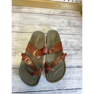 Madden Girl Bryceee Cognac Brown Toe Loop Buckle Slide Sandals Size 7